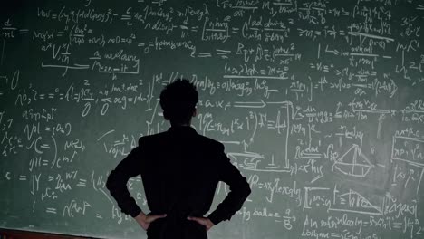 a man in silhouette studies a chalkboard filled with complex equations