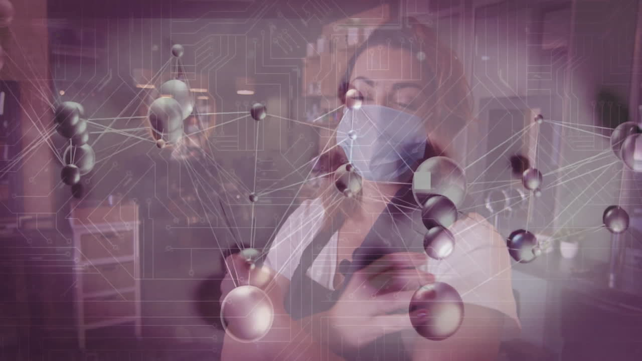 Woman wearing mask with molecular structure and circuit animation overlay