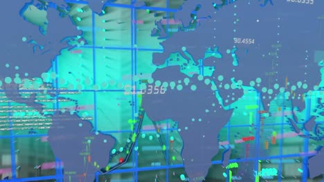 Animation-of-financial-data-processing-and-world-map-over-cityscape