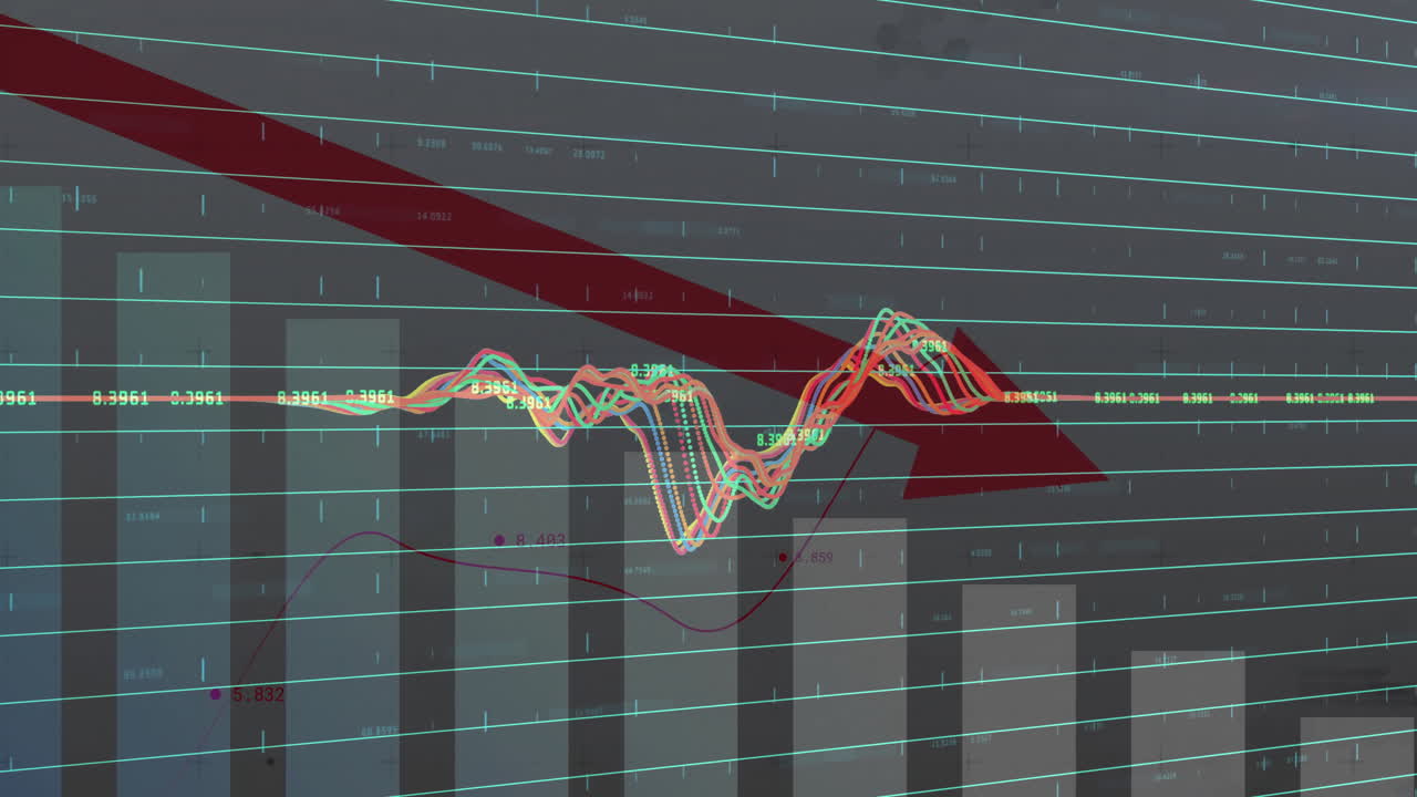 Financial decline animating in flat design, featuring red arrow over faded bars and colored lines