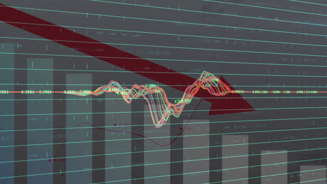 financial decline animating in flat design, featuring red arrow over faded bars and colored lines