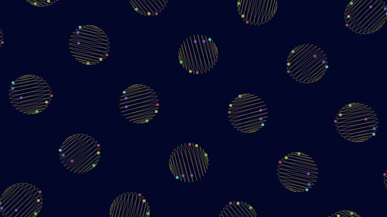 Abstracte bewegende achtergrond met handgetekende cirkels, diagonale lijnen en kleurrijke stippen op een donkerblauwe achtergrond, ideaal voor modern design, technologie en presentaties.