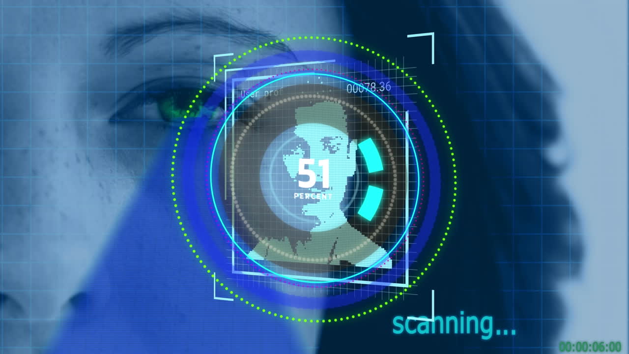Animation of social media photos and loading over face of caucasian woman