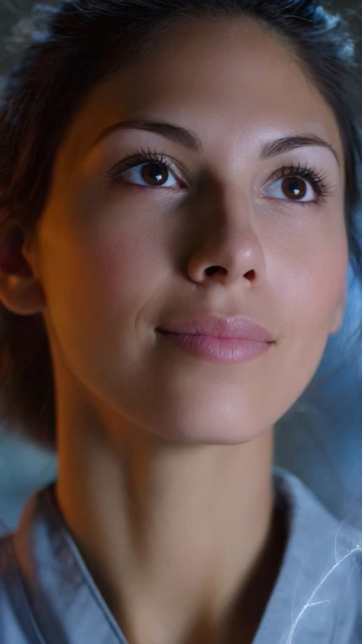 Captivating Portrait of a Thoughtful Woman with an Engaging Expression and Radiant Skin in a Softly Lit Background Evoking a Sense of Wonder and Reflection