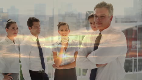 discussing strategy, business team with cloud animation over cityscape background