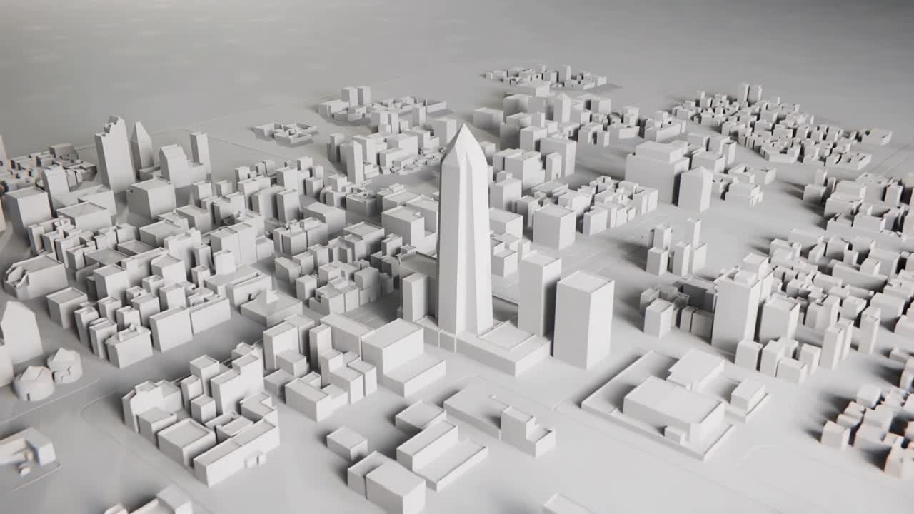 Pulling camera revealing central tapered tower on studio model base, showing spatial relationships