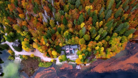 Vista-Aérea-De-Una-Pequeña-Casa-Marrón-En-Los-Alpes,-Lago-Topletz-Con-Techo-De-Hojalata-Roja-En-Medio-De-Un-Bosque-Durante-Un-Hermoso-Día-De-Otoño