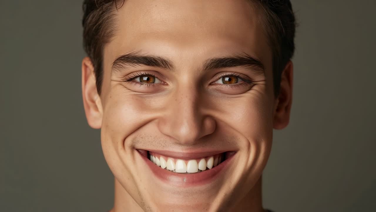 Displaying man transitioning from neutral to smiling in studio with gray backdrop, soft lighting