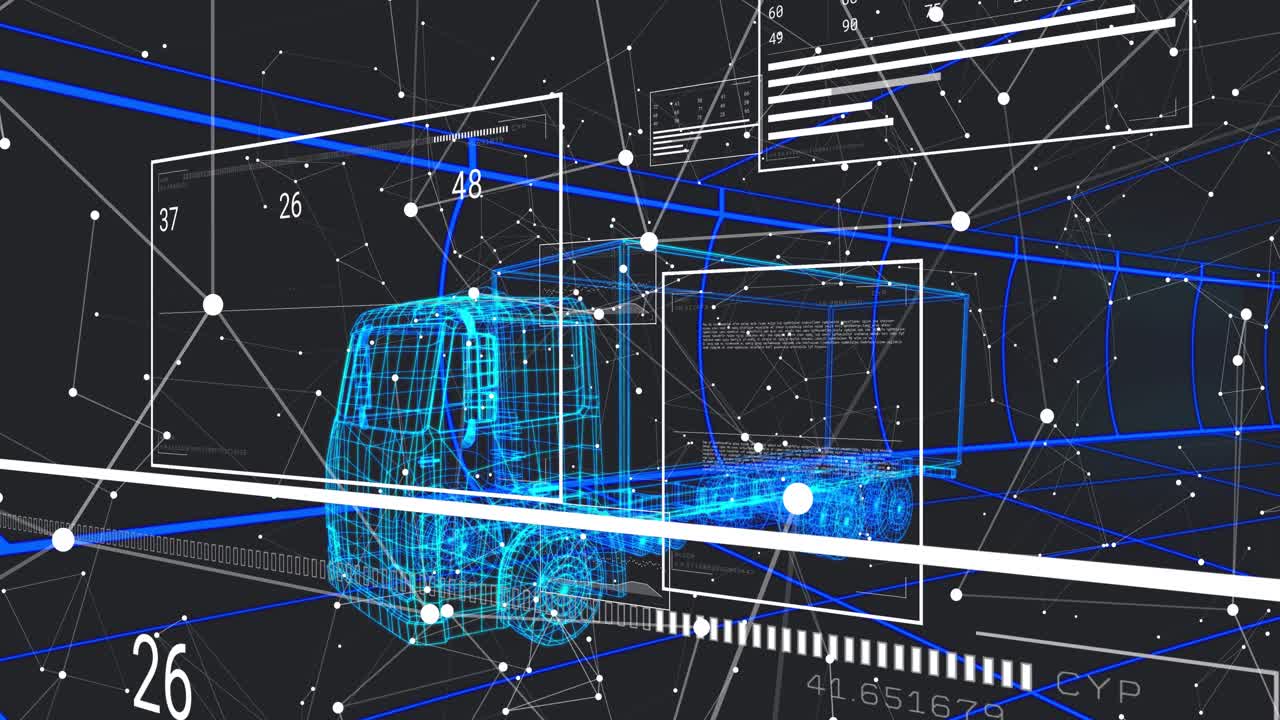 Camion wireframe ciano che emerge al centro della griglia, pannelli rotanti e etichette che scorrono svanendo, visualizzando dati.