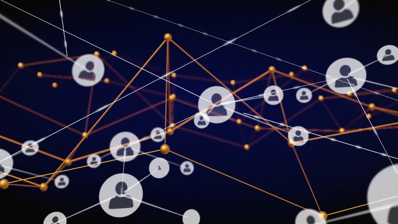 Animation of network of connections with people icons and data processing over black background