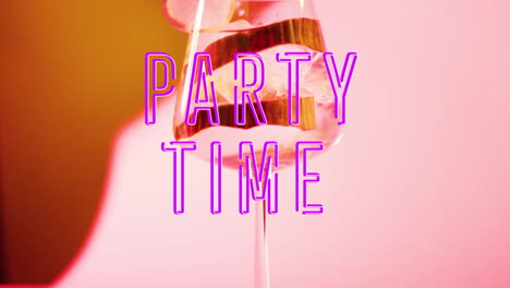 animation of party time neon text and cocktail on pink background