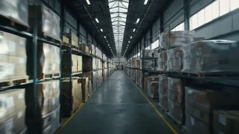 a wide-angle journey through a vast storage facility filled with organized pallets and boxes, showcasing an efficient warehouse environment and logistics management