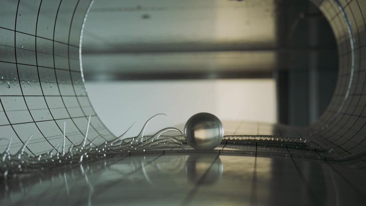Rolling mirror sphere after release moving toward opening along curved tunnel floor displacing film
