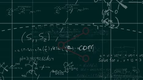 Animation-of-share-icon-over-mathematical-equations-against-green-chalkboard-background
