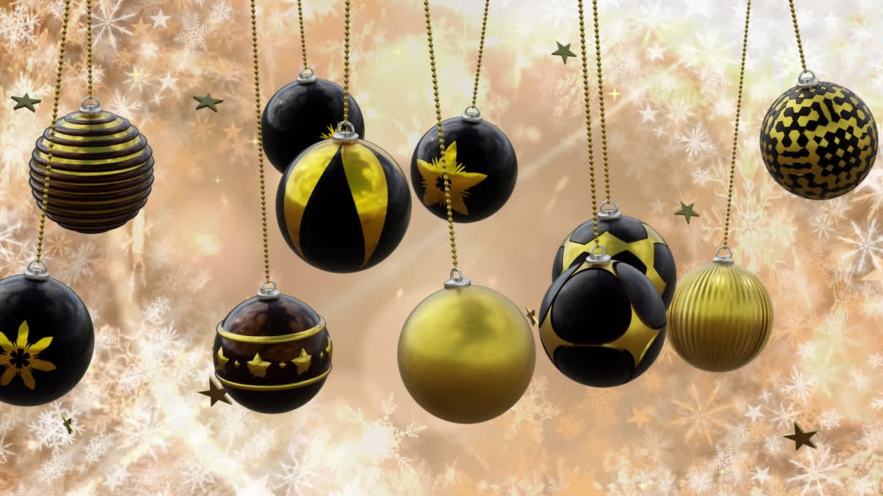 Swinging black and gold christmas baubles over stars and snowflakes on pink background