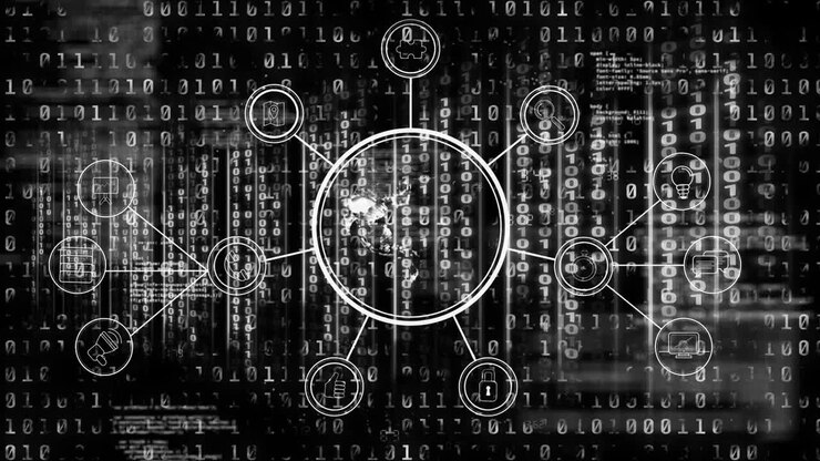 Animation of data processing and network of connections on black background