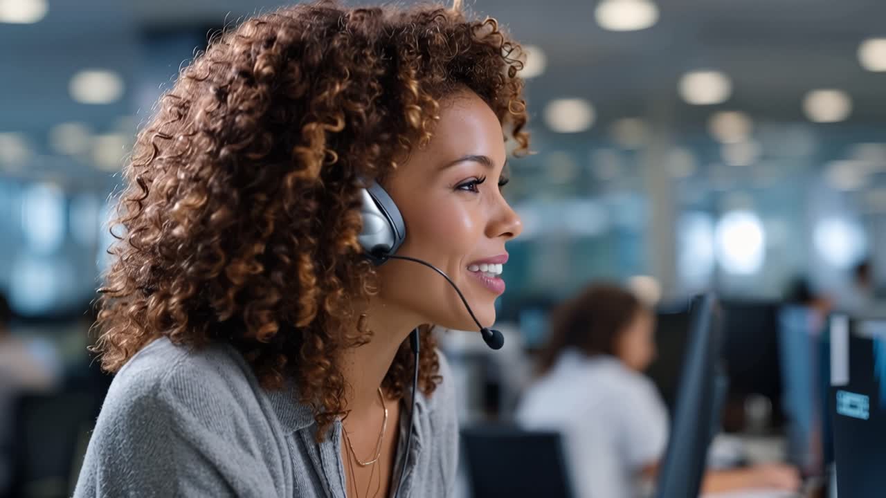 Wanita berambut keriting bekerja di pusat panggilan. Ia mengenakan headset dan tersenyum saat berbicara. Ia tampak fokus dan profesional. Matanya menunjukkan konsentrasi yang tenang. Cocok untuk bisnis, layanan pelanggan.