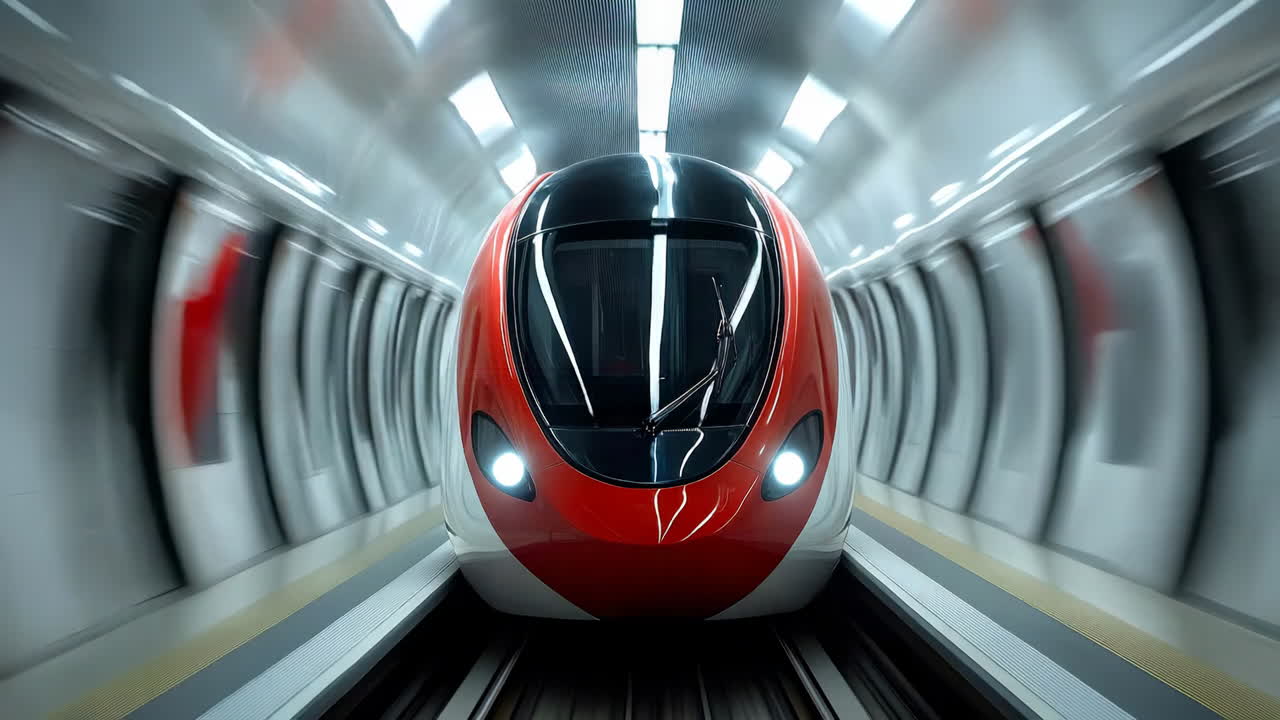 Bright red train moving through a tunnel. A bright red train speeds through a modern underground tunnel with sleek designs and bright lights