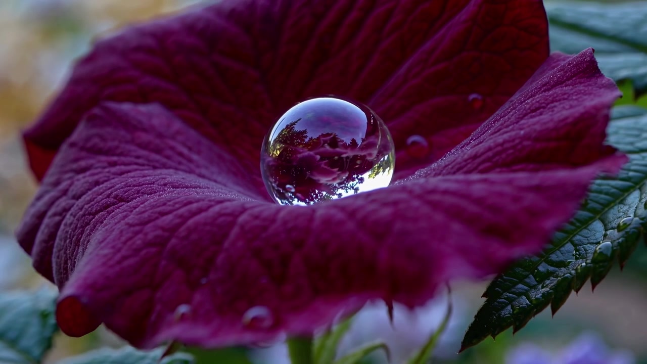 Large Water Droplet Resting on a Deep Red Hibiscus Petal