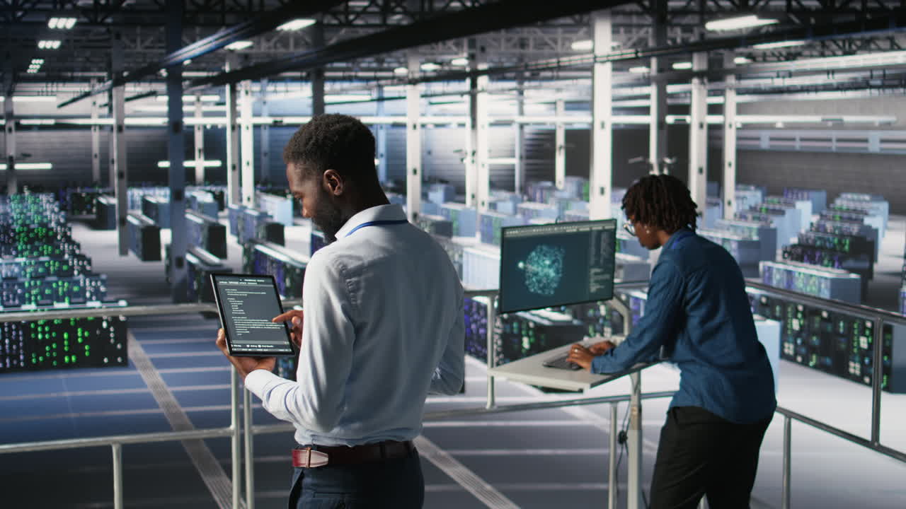 Data center programmers on industrial platform checking lines of code