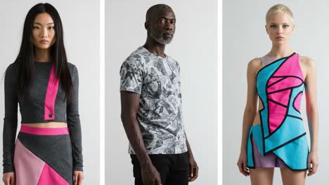 dynamic fashion showcase: bold patterns and vibrant colors capture attention in contemporary apparel featuring diverse models in stylish outfits