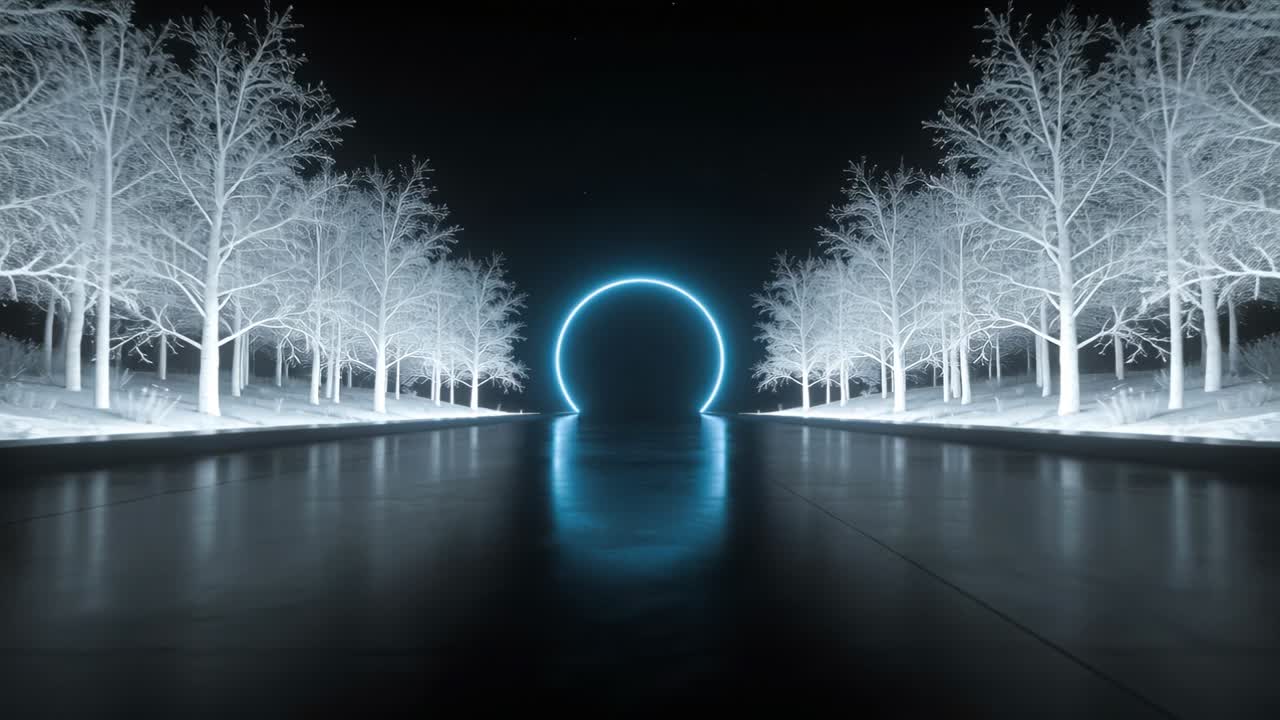 Pulsing neon-blue ring brightening flickering from electric arc at night mirroring trees on channel