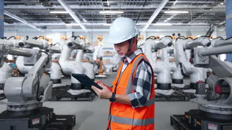 industrial engineer monitoring robots in a factory