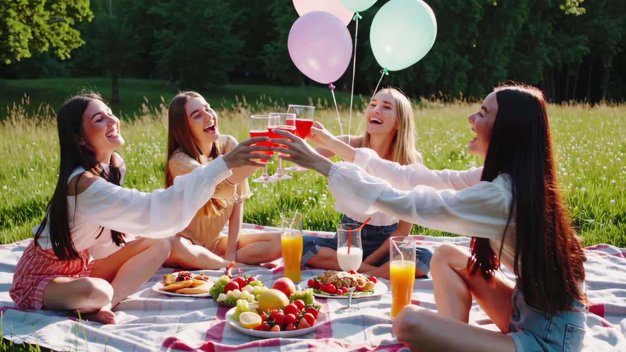 Happy friends enjoying a summer picnic in the park with drinks and balloons