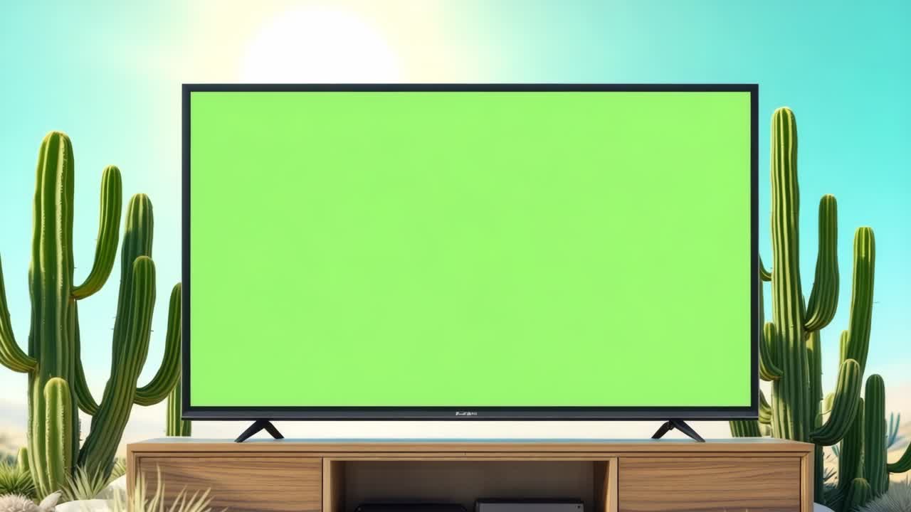 Television mock up featuring a vibrant green screen placed on a wooden stand, surrounded by tall cacti in a bright desert landscape, creating a modern and inviting atmosphere