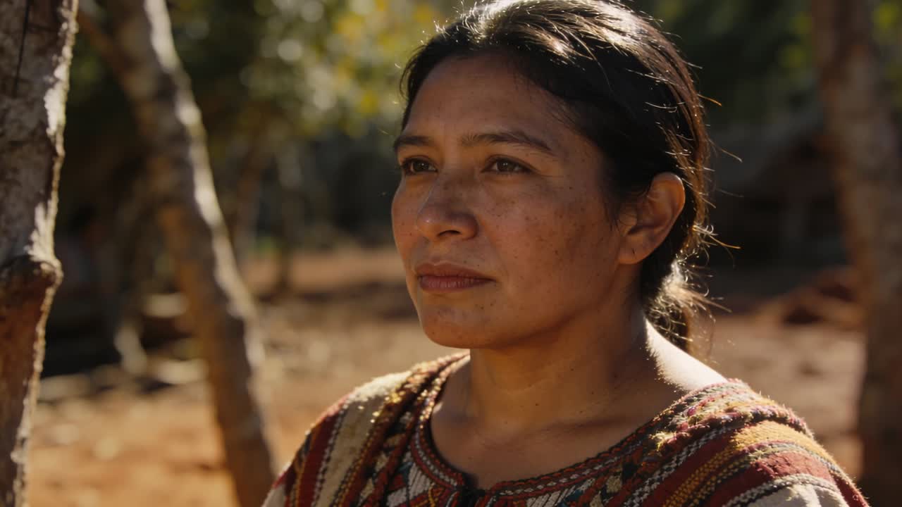 Telecamera in avvio, donna indigena che batte le palpebre, con lo sguardo fisso sul terreno rosso, che indossa un top intrecciato e un microfono a bavero.