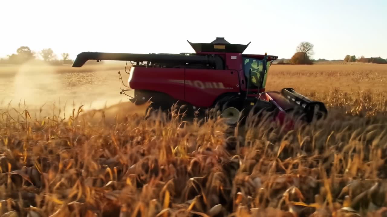 Harvesting Corn in a Field During Golden Hour in Autumn With Modern Equipment