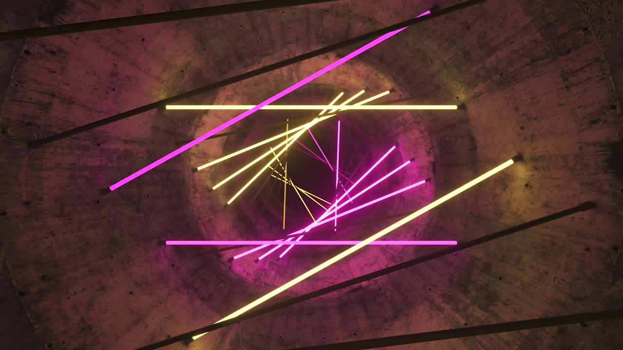 Flying in a concrete tunnel with neon lighting. Halogen lamps. Abstract background. Modern yellow pink spectrum. 3d animation