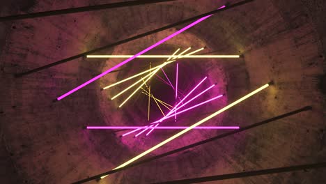 flying in a concrete tunnel with neon lighting. halogen lamps. abstract background. modern yellow pink spectrum. 3d animation