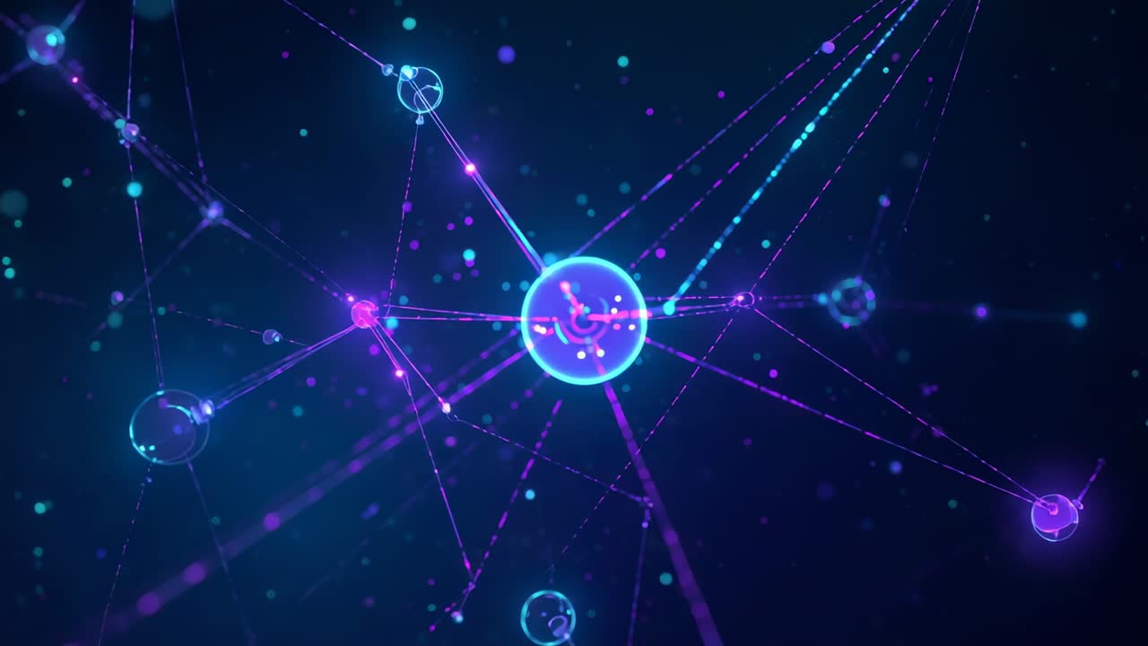 Opening core sphere pulsing neon lines across blue void, linking nodes and particle trails