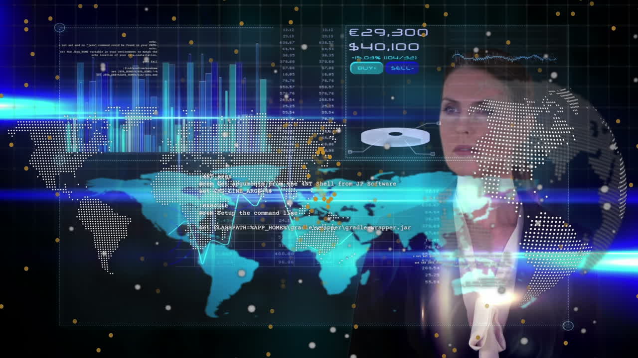animación de gráficos, mapa del mundo, globo y datos sobre mujer de negocios caucásica y fondo negro