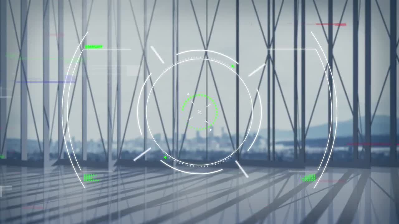 현대적인 건물과 도시 풍경에 대한 범위 및 데이터 처리의 애니메이션