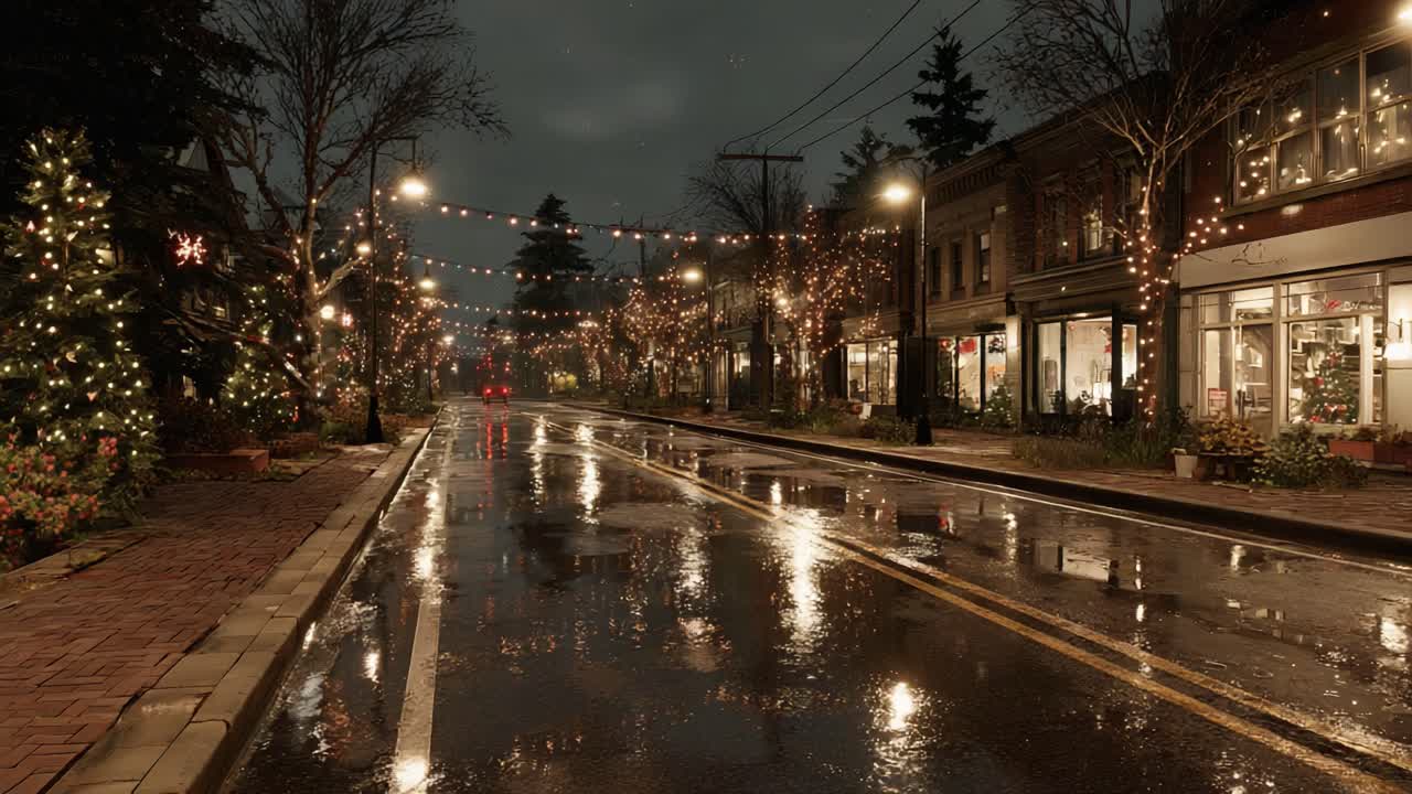 A Beautifully Illuminated Street Scene with Holiday Lights and Reflections in the Rain, Capturing the Magic of a Cozy Evening Filled with Festive Joy