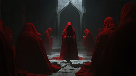 red-robed congregation in a dark ritual