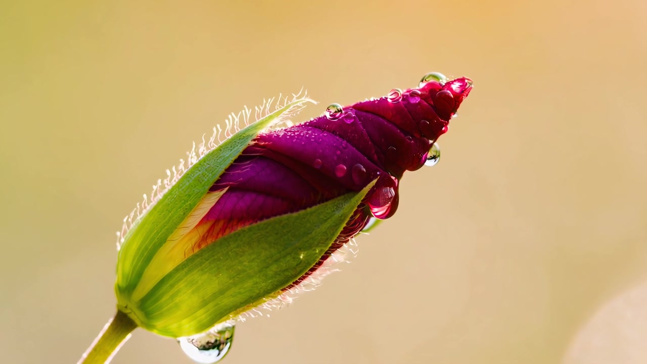 Primo piano di un bocciolo di fiore viola con gocce di rugiada