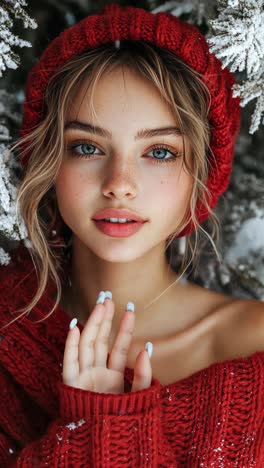 winter portrait of a woman with blue eyes and a red knit hat