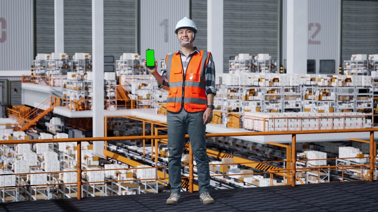 trabajador de almacén con teléfono de pantalla verde