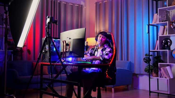 Streamer asiatico sorridente e con le braccia incrociate mentre gioca a un videogioco in live streaming sul suo computer. La scrivania è illuminata da strisce LED RGB.