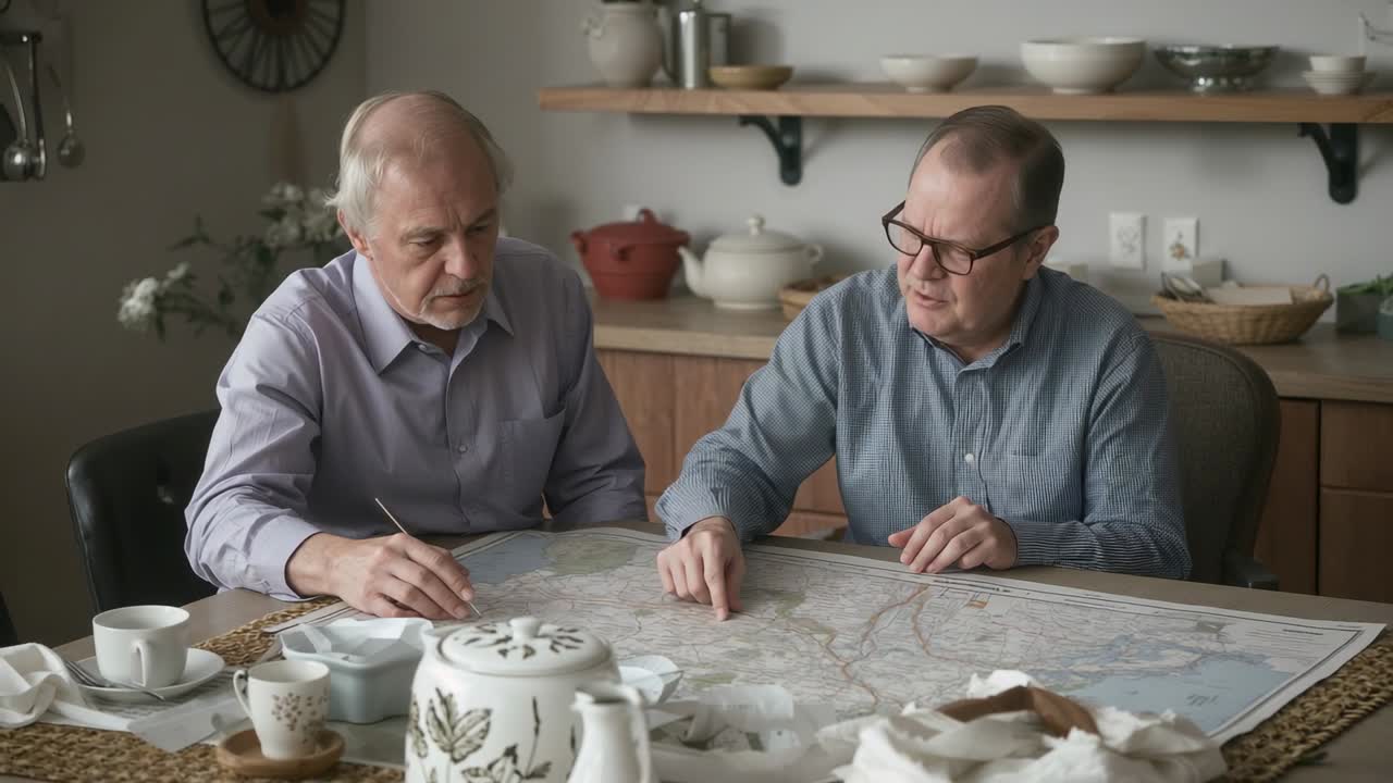 Pointing at map, senior men in shirts tracing routes with pencil at kitchen table planning trip