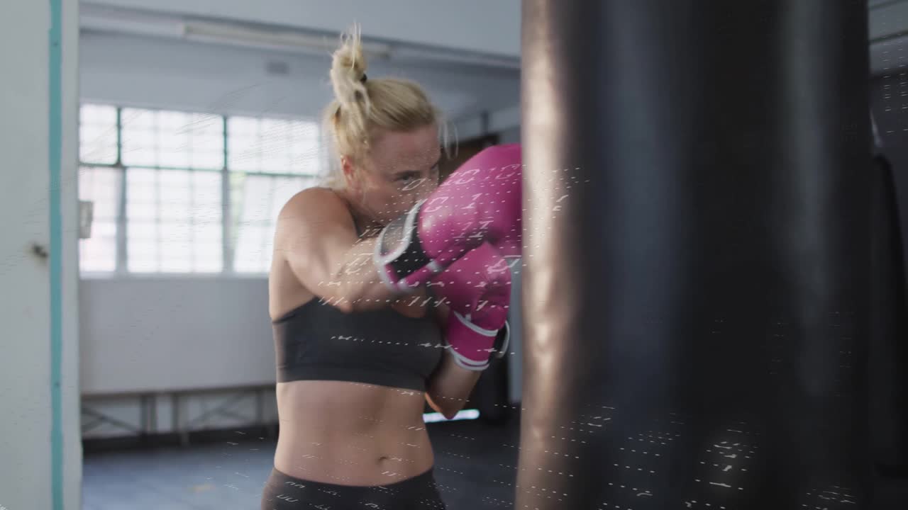 Atleta feminina entrando na academia e protegendo a bolsa, desferindo socos com uma sobreposição binária flutuante.