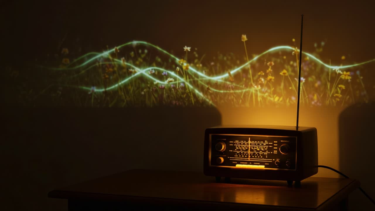 A Vintage Radio Illuminating a Floral Wave Projection, Capturing the Magical Fusion of Sound and Nature in a Cozy Living Space