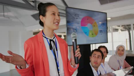 female speaker addressing the audience at a business conference