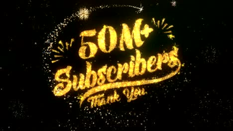 50m subscribers greeting and wishes card made from glitter particles and sparklers light dark night sky with colorful firework 4k background.