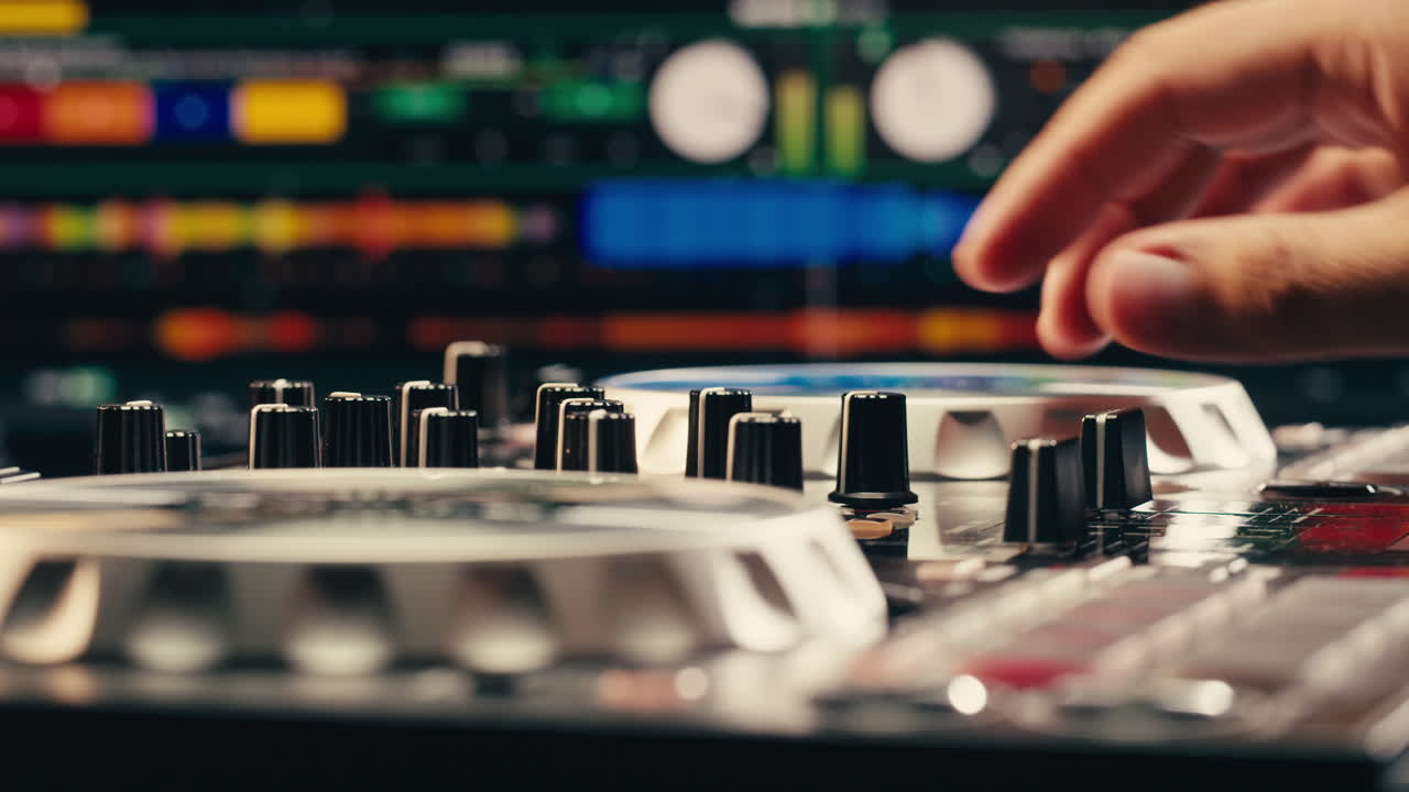DJ with headphones and sunglasses playing music on festival in night club. Techno musician performing at nightclub for concert crowd of people, city bar.
