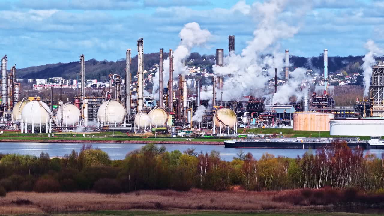 Produzione dell'industria di raffinazione del petrolio che causa inquinamento atmosferico a Le Havre, Francia.