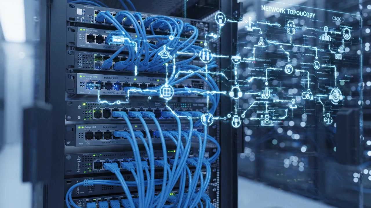Advanced Network Infrastructure with Ethernet Cabling and Digital Topology Visualization in a Modern Data Center Environment Highlighting High Connectivity and Performance